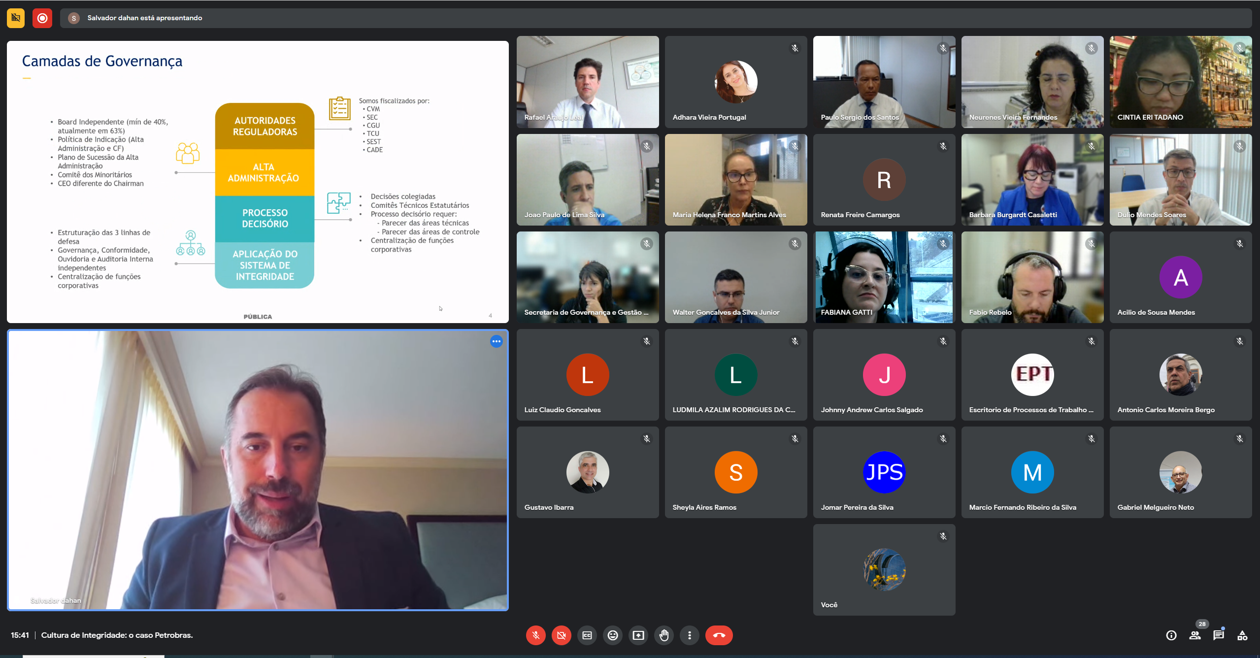 Print da reunião virtual com o diretor executivo de Governança e Conformidade da Petrobras, Salvador Dahan.