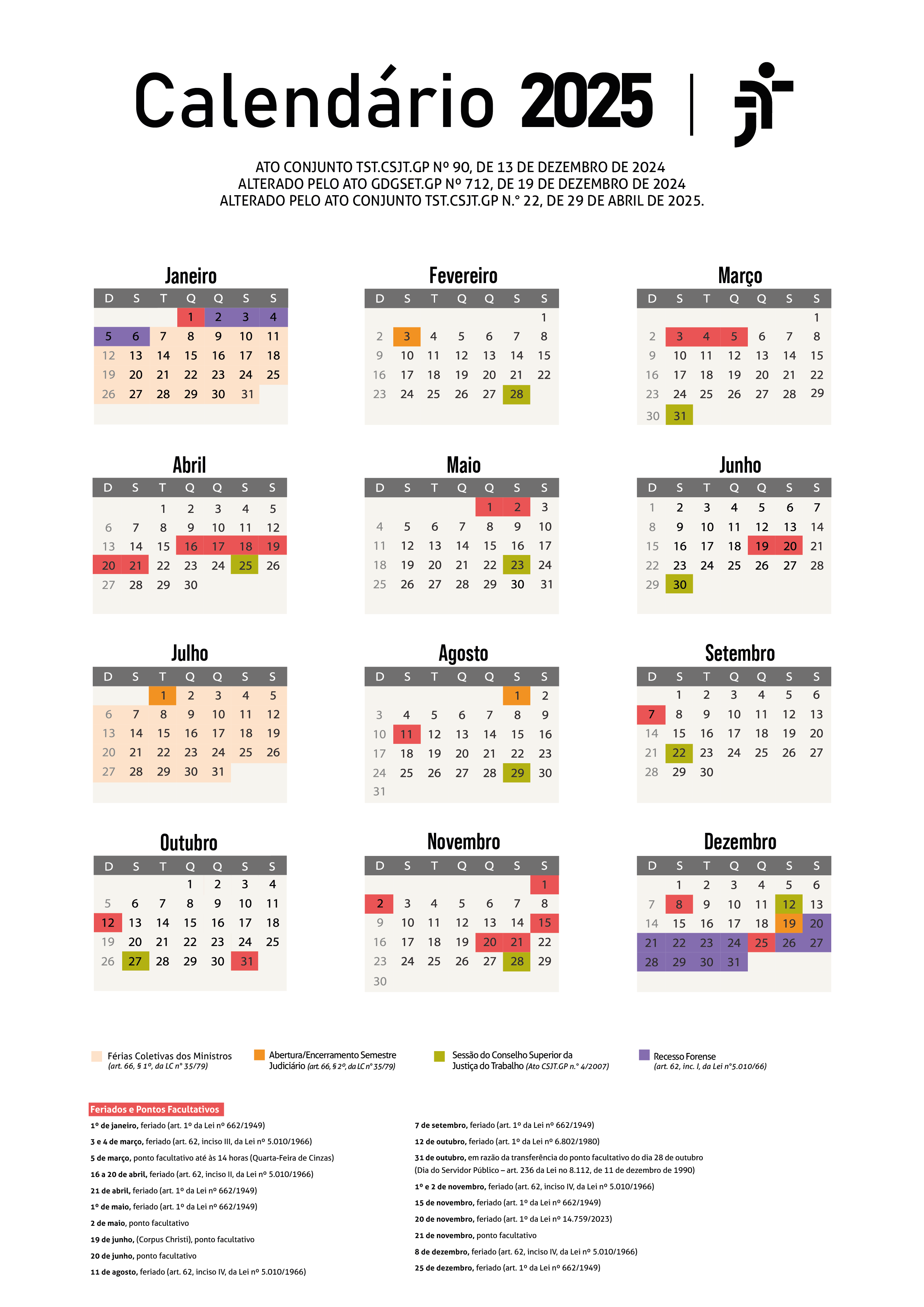 Calendário de Sessões  do Conselho Superior da Justiça do Trabalho  2025.  Não há sessão em janeiro. Depois há em 17 de fevereiro e 31 de março. Em abril não haverá sessão.  Depois em 5 de maio e junho haverá sessão nos dias 2 e 23.  Em Julho não há sessão. Após isso tem em 25 de agosto, 22 de setembro e 27 de outubro.  Em novembro não haverá sessão. Em dezembro será dia 1º.